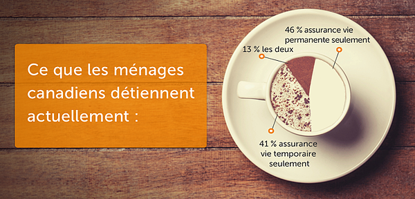 Ce que les ménages canadiens détiennent actuellement : 46 % assurance vie permanente seulement, 41 % assurance vie temporaire seulement, 13 % les deux