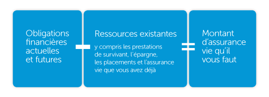 Obligations financières actuelles et futures - Ressources existantes (y compris les prestations de survivant, l'épargne, les placements et l'assurance vie que vous avez dèjà = Montant d'assurance vie qu'il vous faut