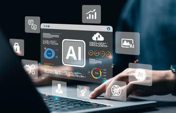 Image d'une personne sur un ordinateur portable avec le mot « AI » flottant entouré de diverses icônes d'IA.