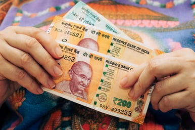 Photo d’une personne avec de la monnaie indienne dans les mains.
