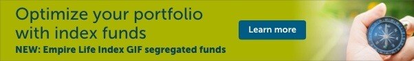 A green banner with the text: Optimize your portfolio with index funds -  New Empire Life Index GIF segregated funds
