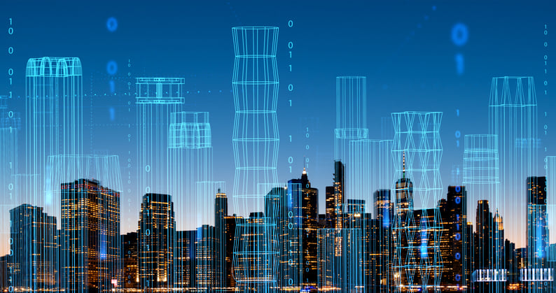 Image of a city skyline with a holographic outline of buildings in front it.