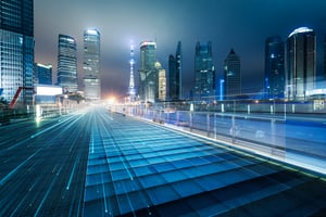 City network and Connection technology concept,Big data transmission with shanghai city background.