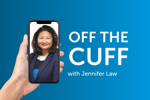 Image of Jennifer Law appearing on a smartphone with text "Off the Cuff with Jennifer Law".