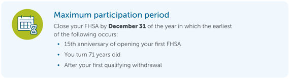 Max partipation period: Close your FHSA by December 31 of the year in which the earliest of the following occurs: • 15th anniversary of opening your first FHSA • You turn 71 years old • After your first qualifying withdrawal 